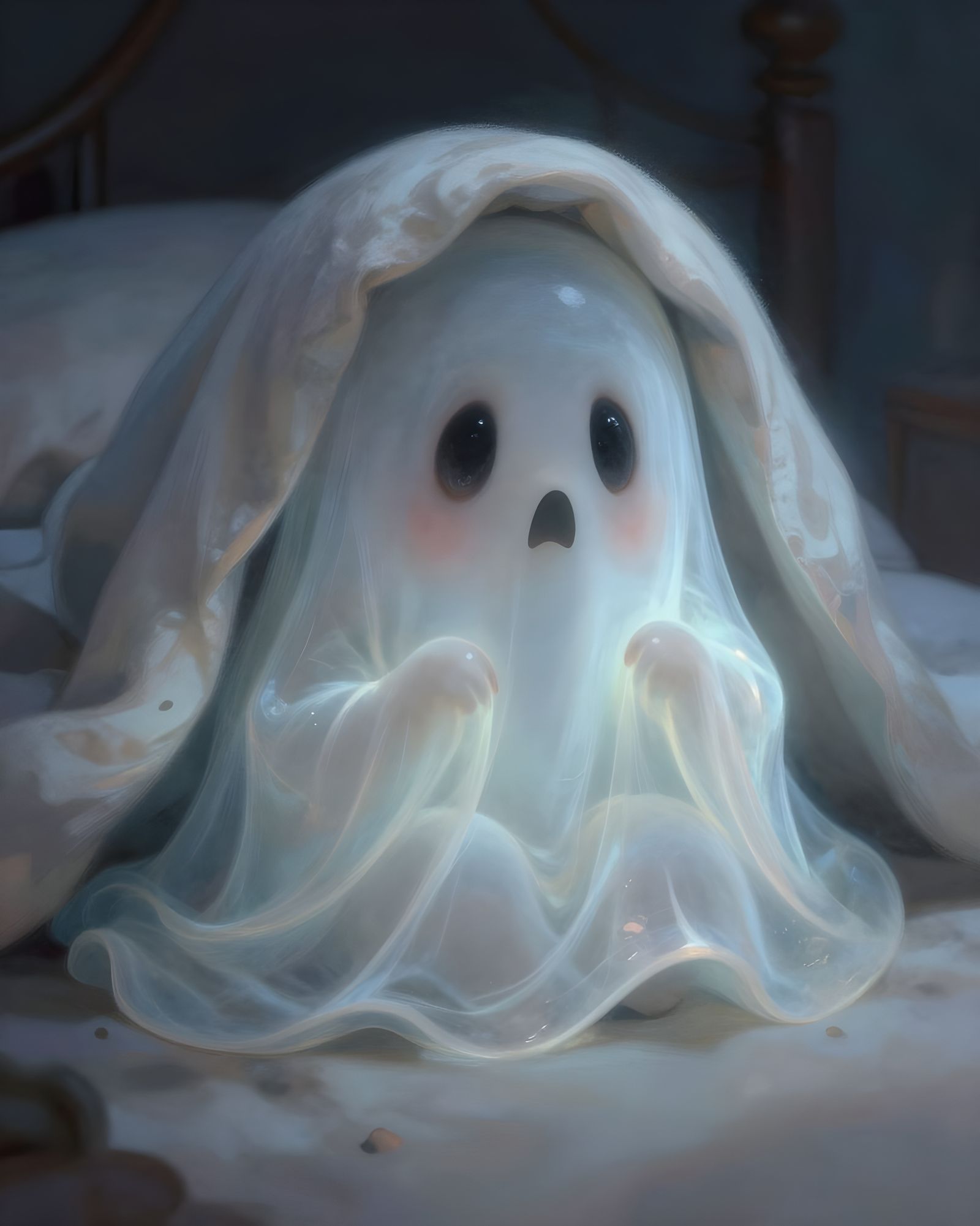 Cute Ghost Scared of Dark Cozy in Bed