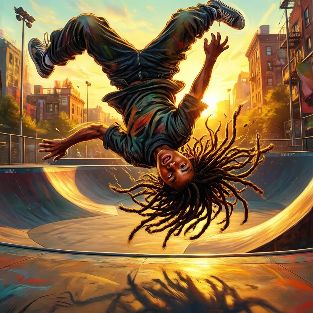 Boy with Dreads Backflipping in Urban Skate Park