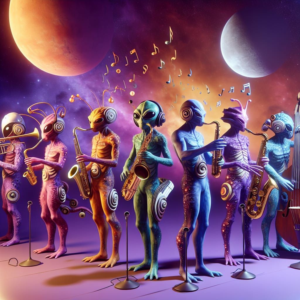 Alien Jazz Ensemble in Vibrant Cosmic Setting