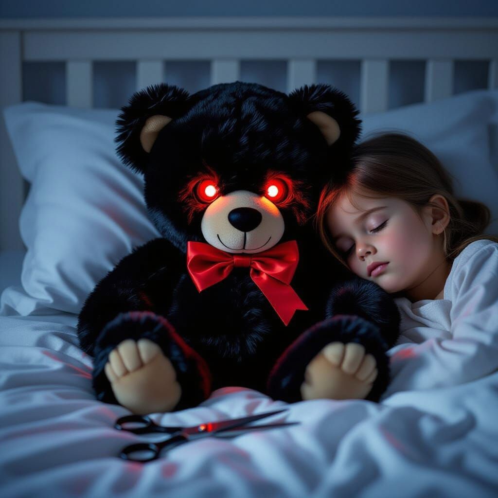 Teddy Bear Guardian with Glowing Eyes and Scissors