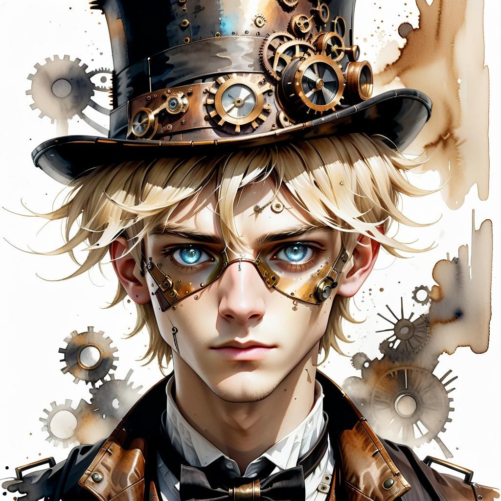 Steampunk Teenage Boy Portrait in Watercolor Style