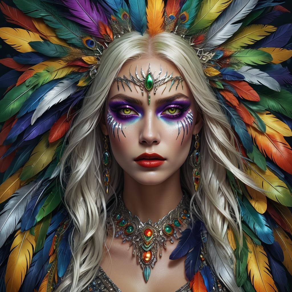 Fantasy Woman with Silver Skin and Colorful Feathers