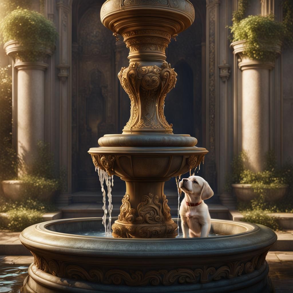 Puppy Drinking from Ornate Fountain, Detailed Matte Painting
