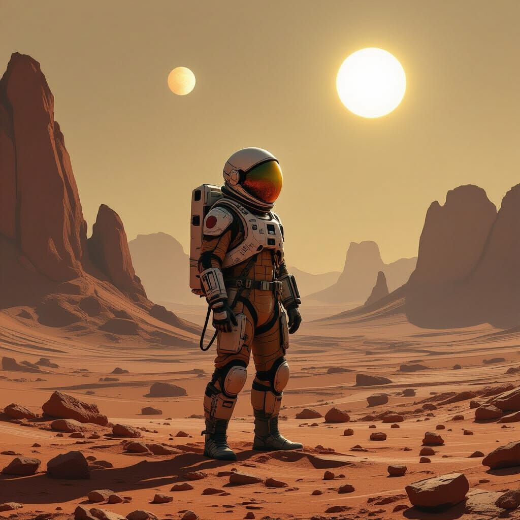 Astronaut on Alien Planet Under Twin Suns