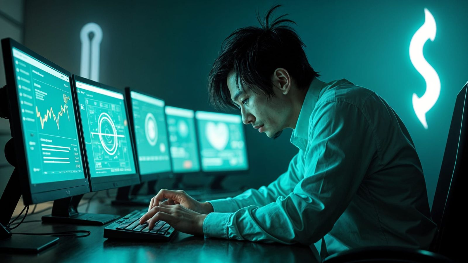 Man Working at Futuristic Computer in Cinematic Style