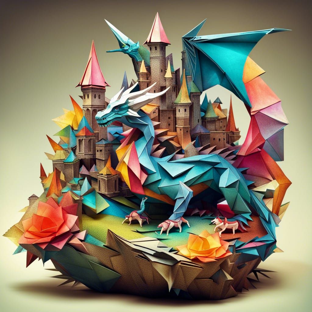 Multicoloured Paper Dragon Origami Fantasy Art