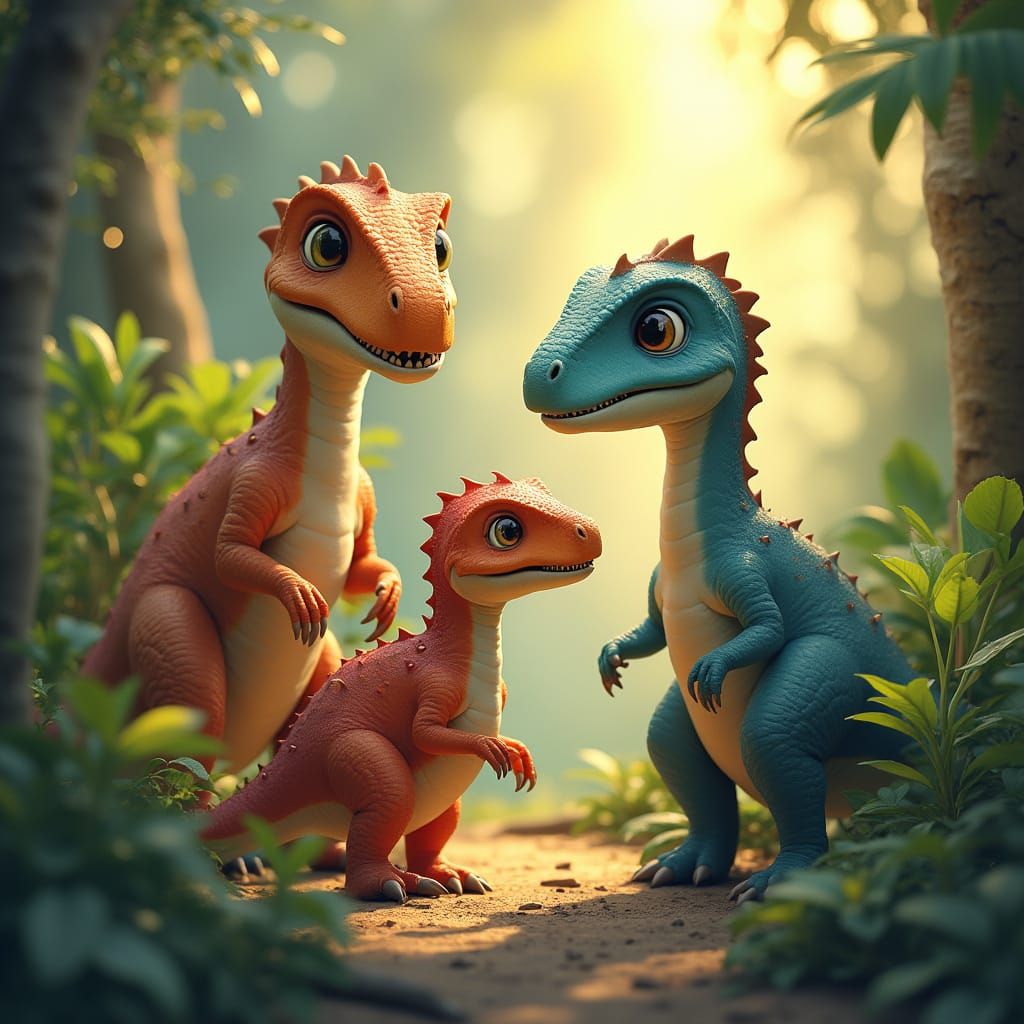 Family of Adorable Dinosaurs in Vibrant Prehistoric Landscap...