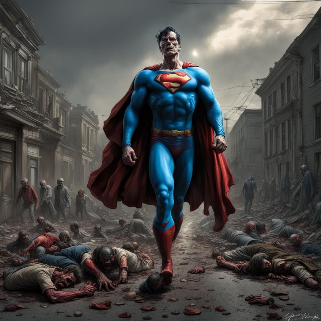 Zombie Superman Limping in Hyperrealistic Horror Style