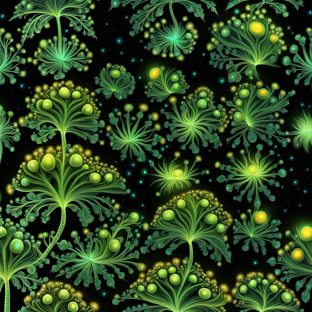 Bioluminescent Fractal Plants in Galactic Night Sky