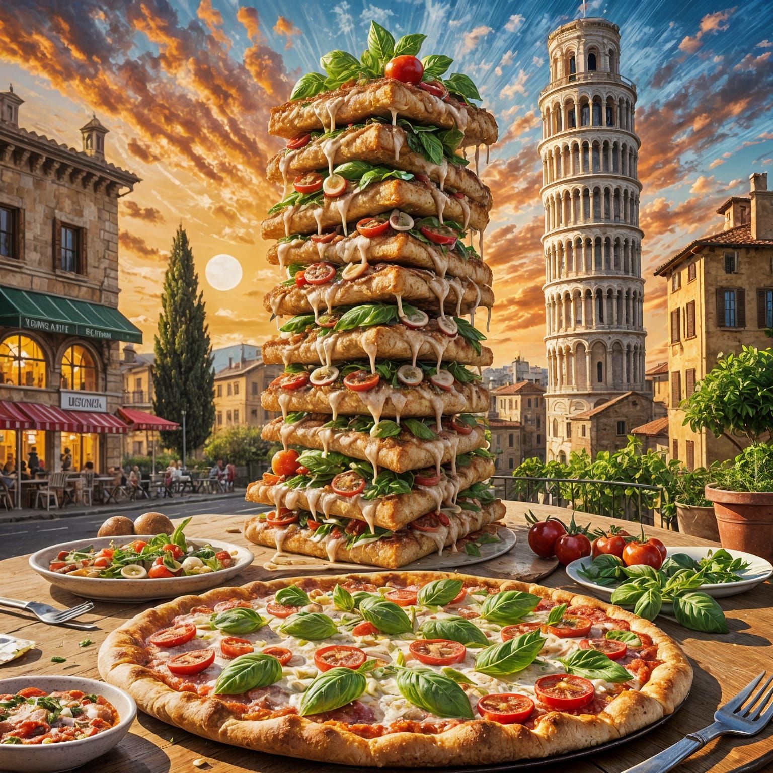 Surrealistic Tower of Pizza in Vibrant Colors