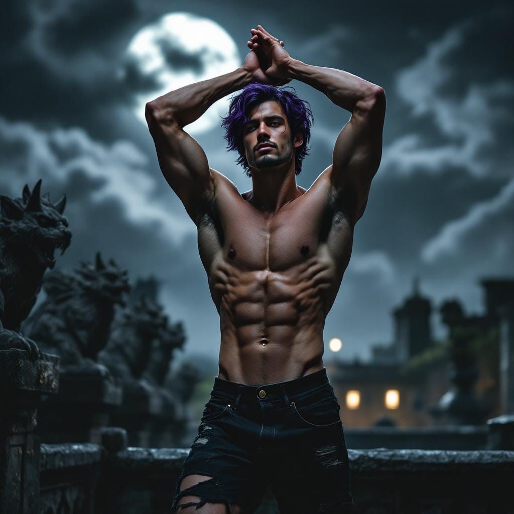 Moonlit Rooftop Portrait with Gargoyles