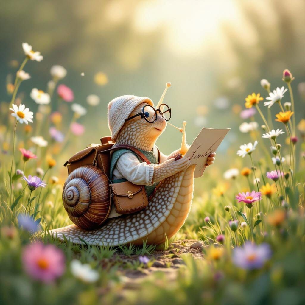 Whimsical Snail Mail Carrier in Wildflower Meadow