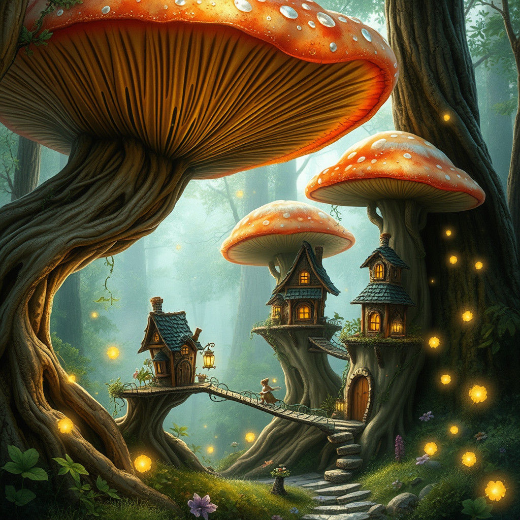 Enchanted Fairy Village Among Giant Mushrooms