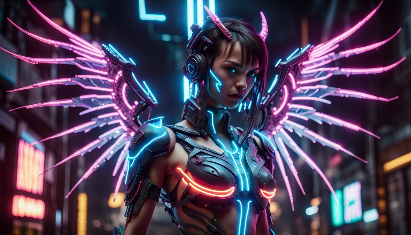 Cybernetic Demon with Neon Wings in Cyberpunk Style
