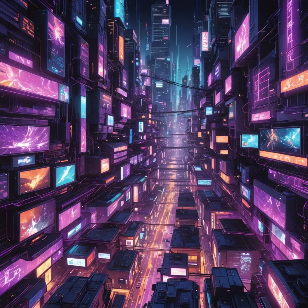 Anime Cityscape with Interconnected Computers