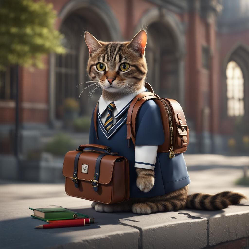 Cat in School Uniform: Detailed Matte Painting