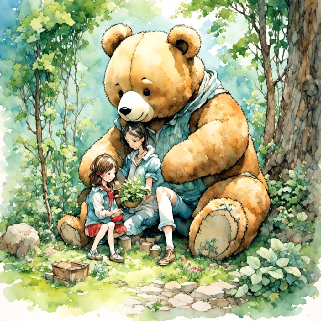 Teddy Bear Planting a Tree in Garden