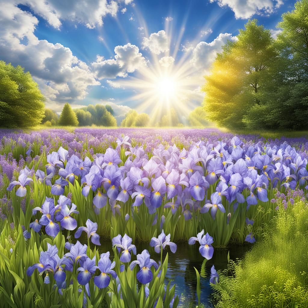 Park Scene with Pond, Irises and Animals