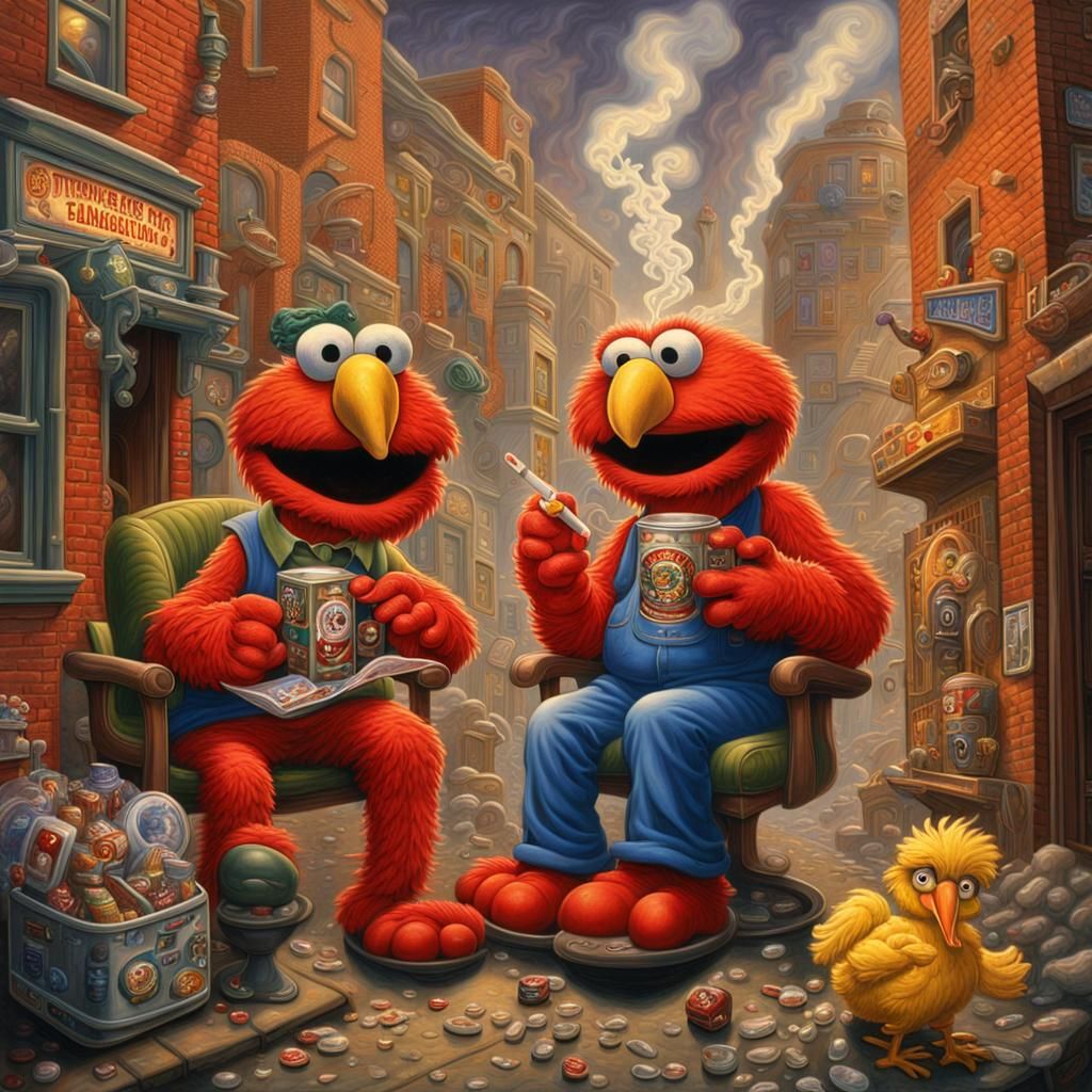 Grotesque Elmo and Big Bird Cartoon in New York Alley