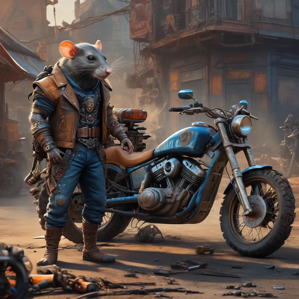 Rat Biker in Post-Apocalyptic Sunset: Digital Art