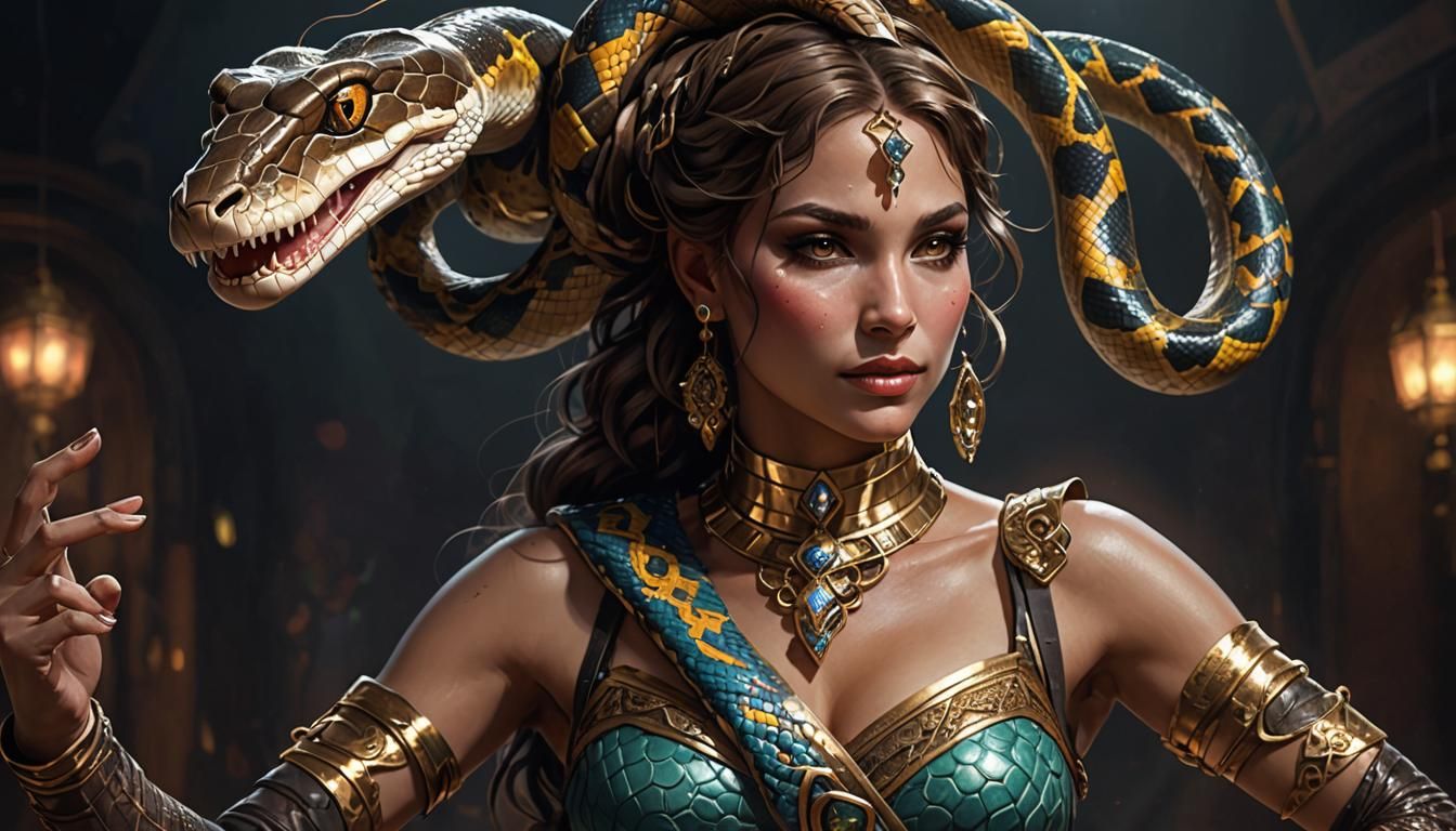 Snake Charmer with Python, Hyperdetailed Digital Art