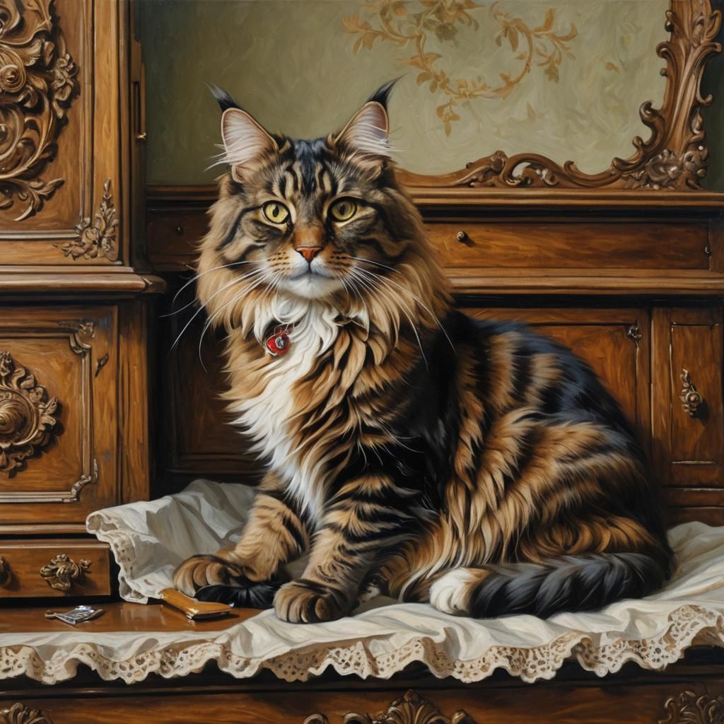 Maine Coon Cat in Victorian Drawer, Monet Style