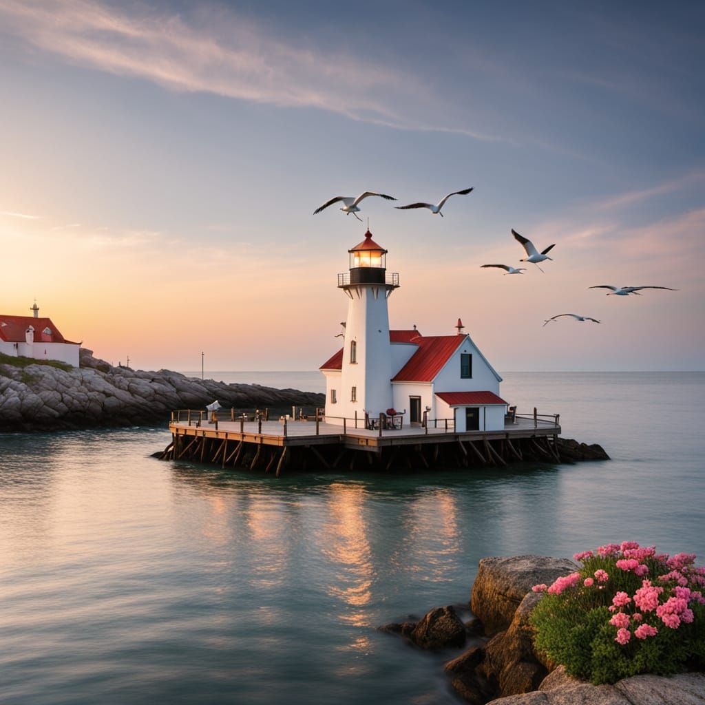 Coastal Village at Sunset in Whimsical Watercolor Style