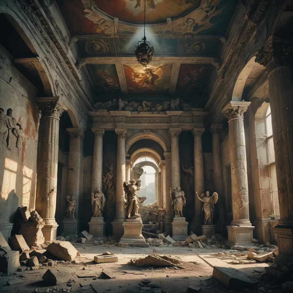 Dramatic Roman Ruins with Angel and Demon Sculpture