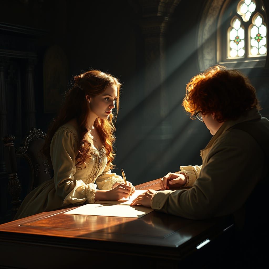 Renaissance Woman Signs Parchment in Castle