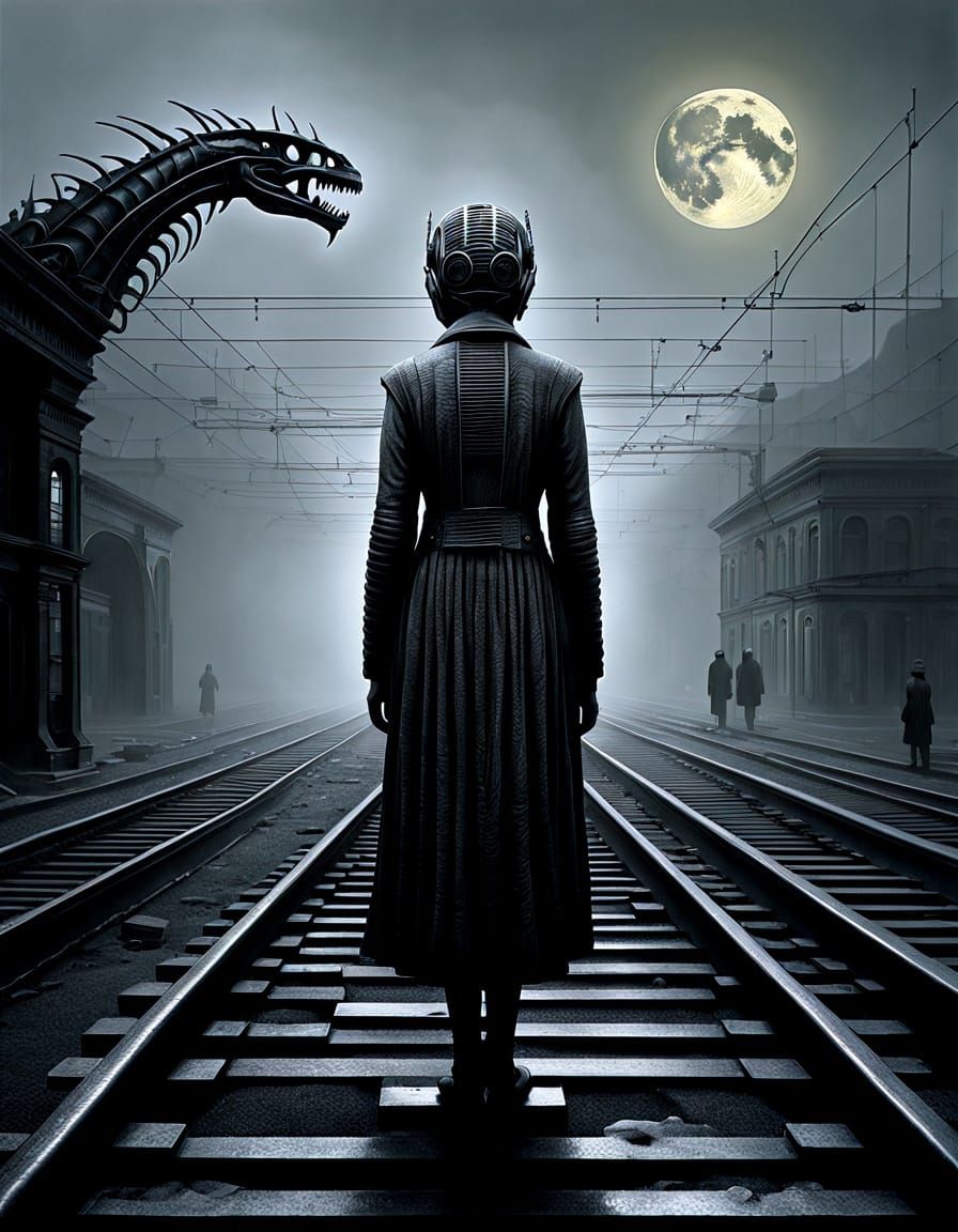Surrealist Woman Waits in Abandoned Train Station