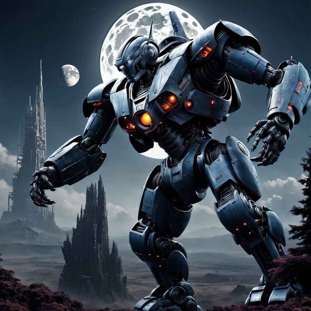 Dark Sci-Fi Robot with Moon