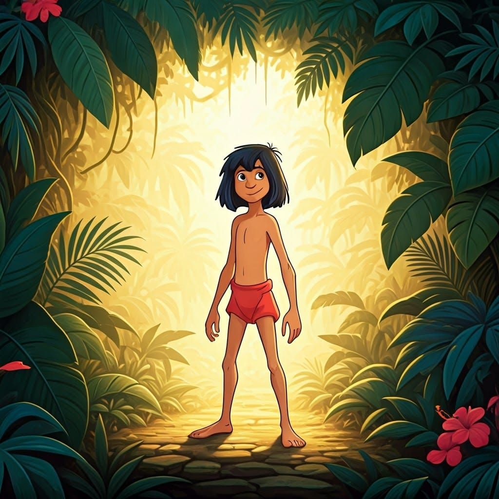 Confident Young Boy Surrounded by Whimsical Jungle in Disney...