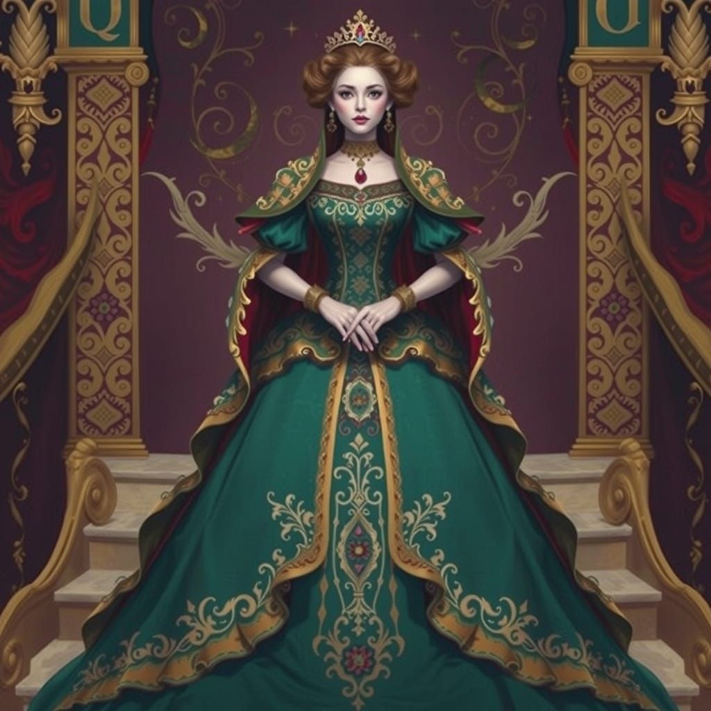 Renaissance Queen of Hearts in Opulent Gown Steps Out of Pla...