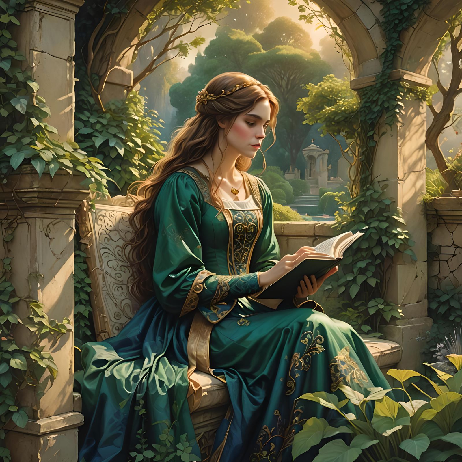 Lady Reading in Garden Watched by Prince