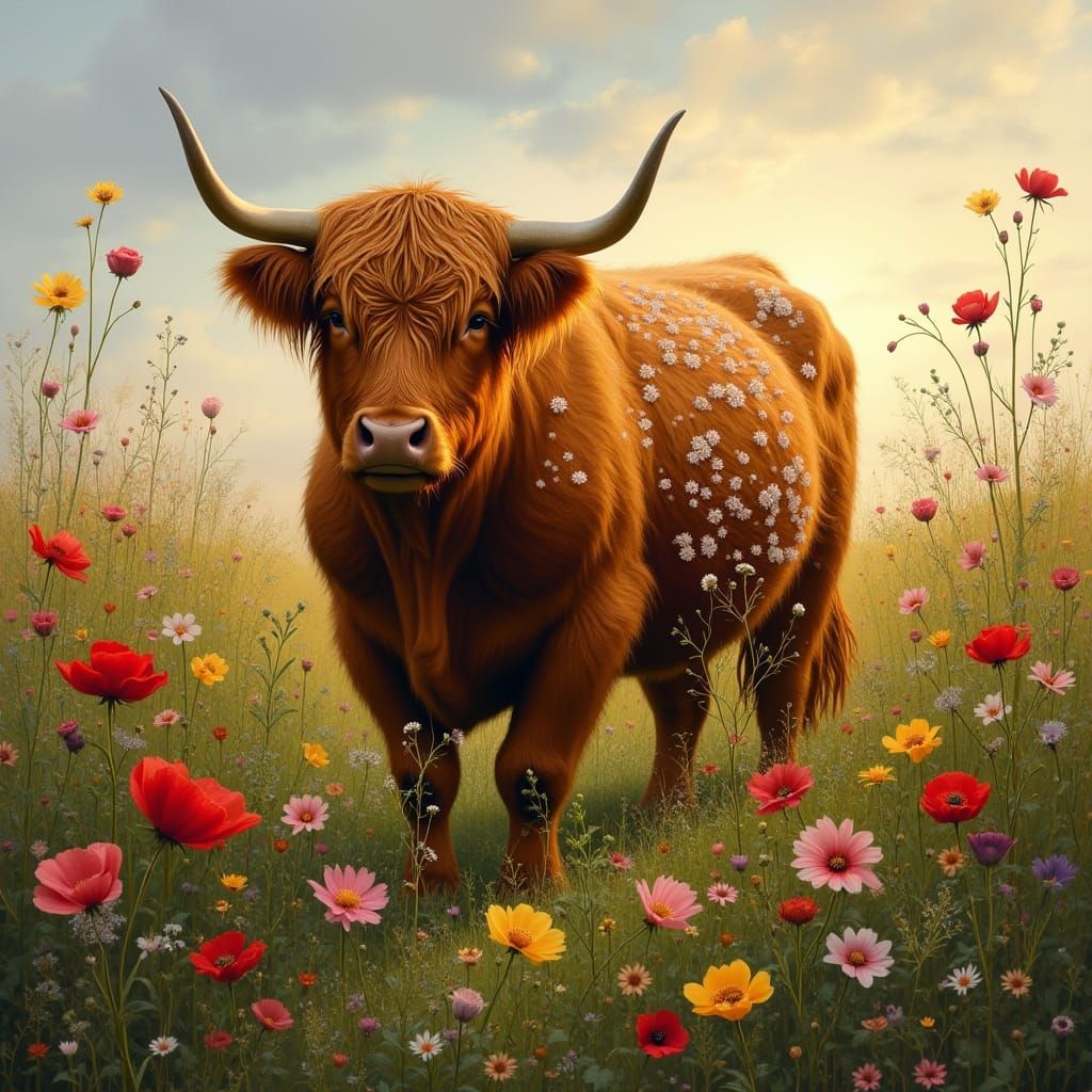 Highland Cow Amidst Vibrant Wildflowers in Sunset Glow