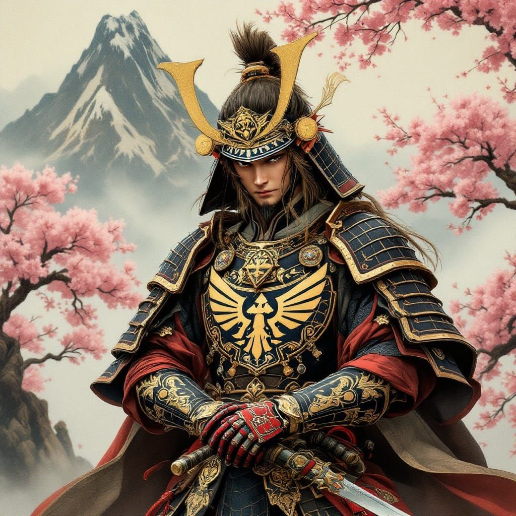 Ukiyoe Samurai Link with Triforce in Cherry Blossom Scene