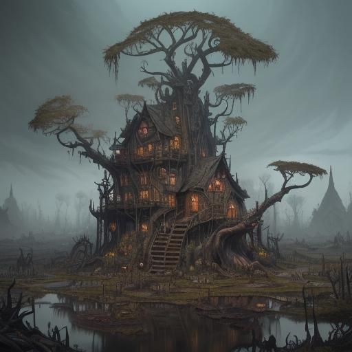 Bog Hag Village with Tar Pits in Detailed Matte Painting