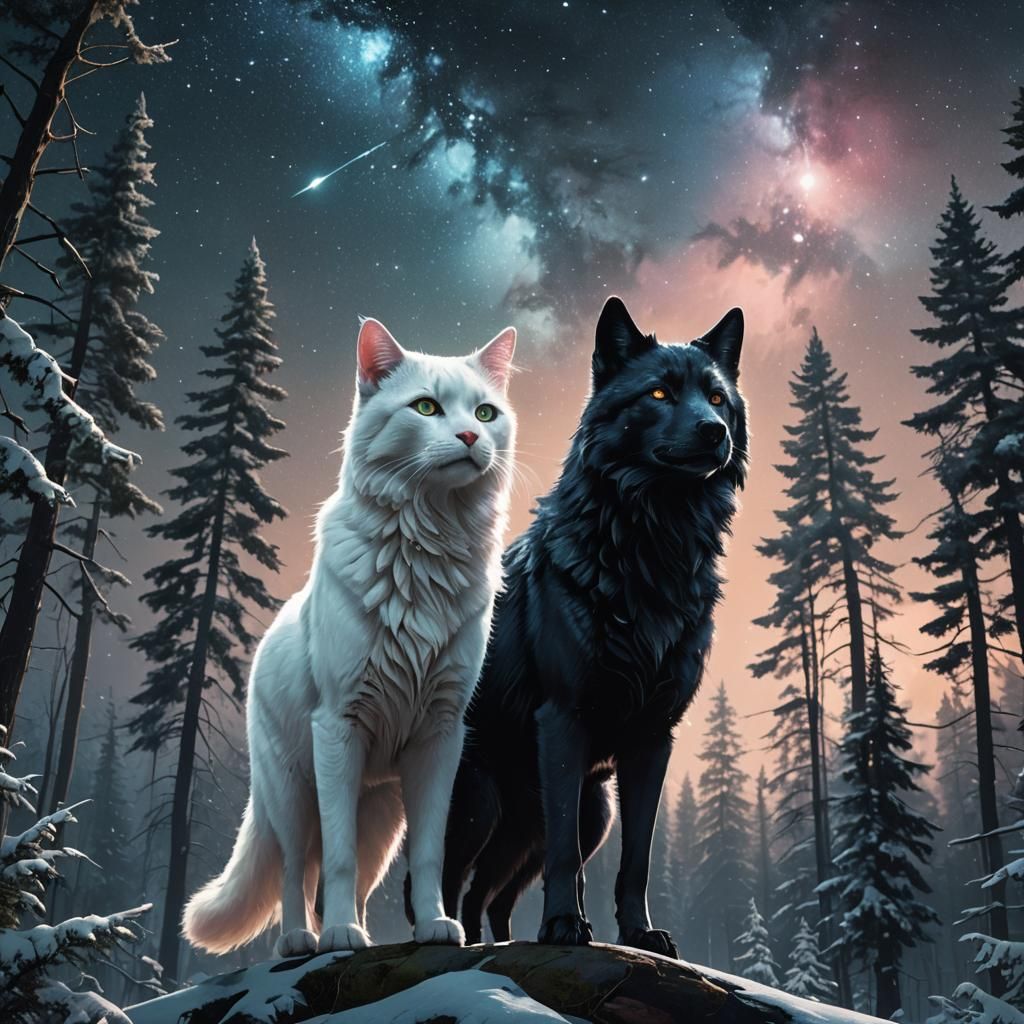 Cat and Wolf Under Galaxy Sky, Digital Art