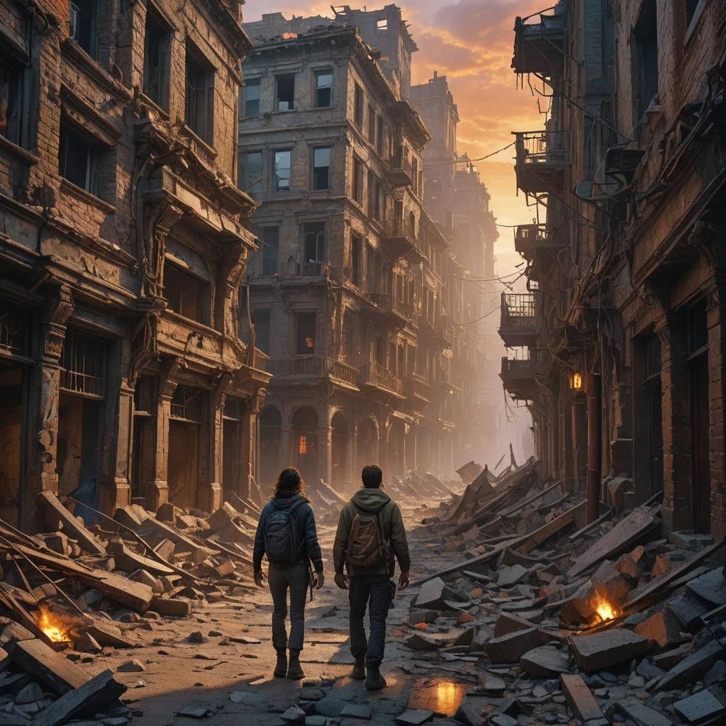 Ruined City Survivor in Oil Painting Style