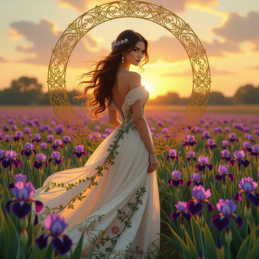 Art Nouveau Woman in Iris Field at Sunset