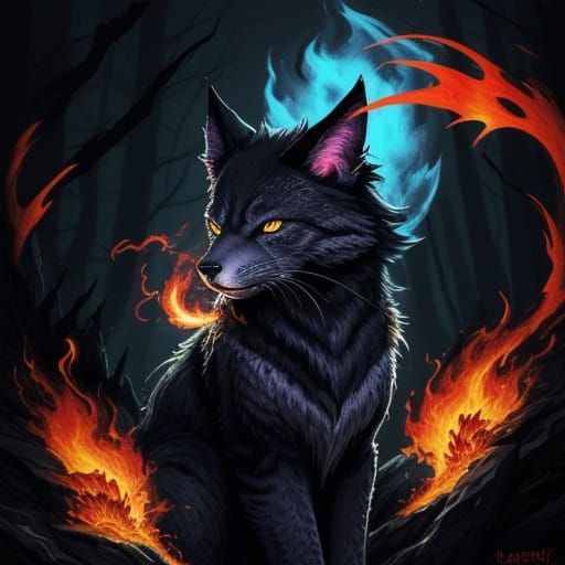 Fierce Mythical Beast Breathing Fire in a Dark Fantasy Fores...