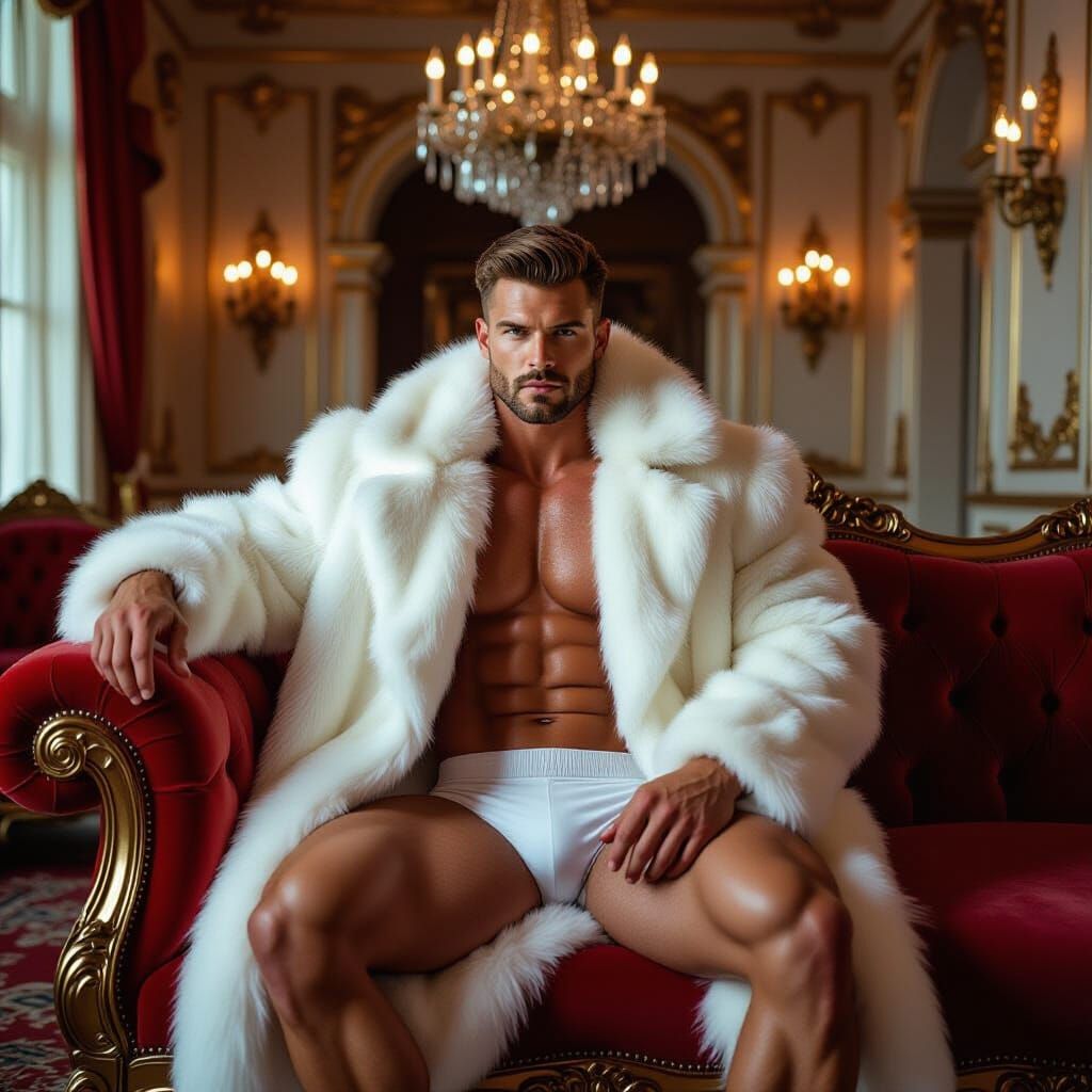 Bodybuilder in Fur Coat: A Sensual Baroque Portrait