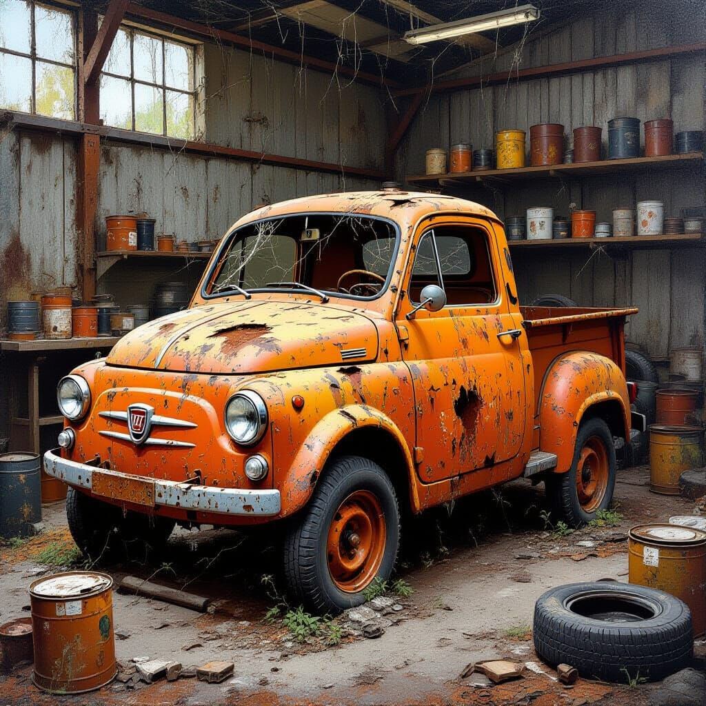 Abandoned Ochre Fiat 500 Truck in Workshop as Impasto Painti...