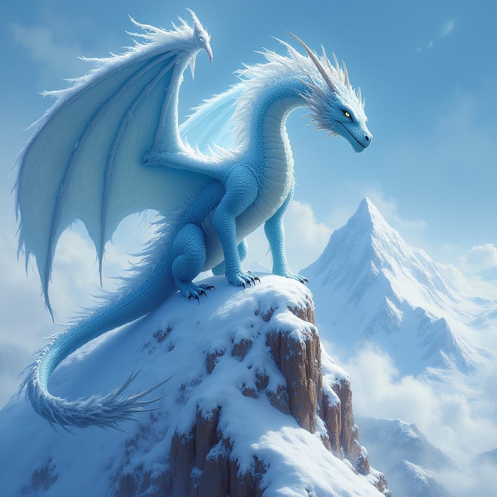 Ice Dragon on Snow Mountain in Fantasy Art