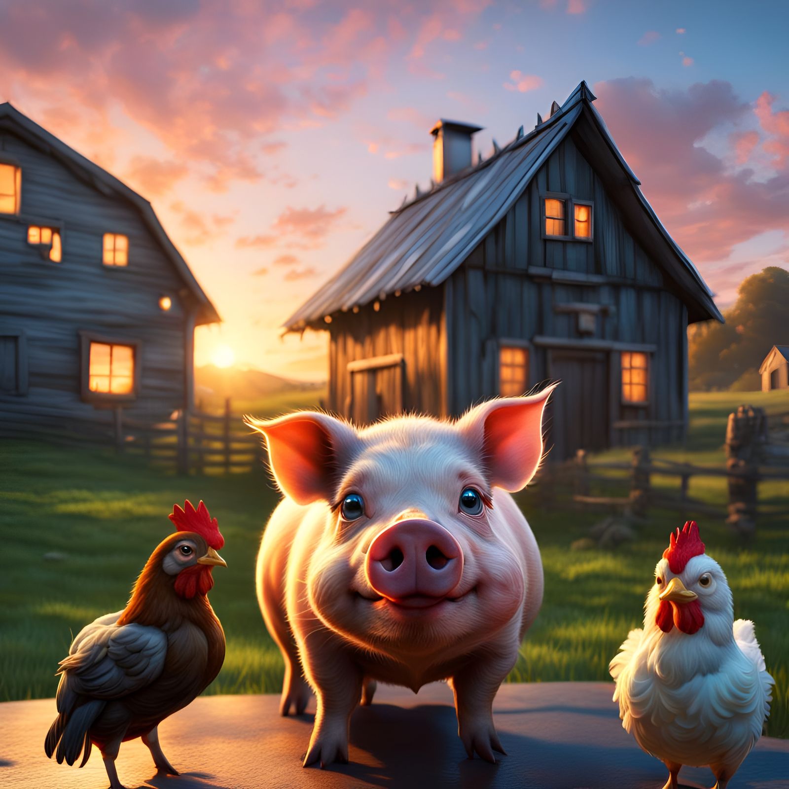 Adorable Piglet with Chickens in Hyperrealistic Astral Art