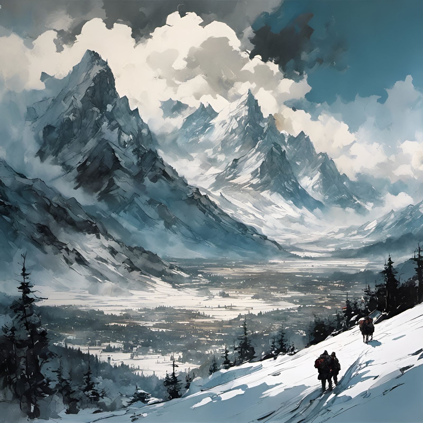 Epic Mountainscape with Fog in Triadic Colors