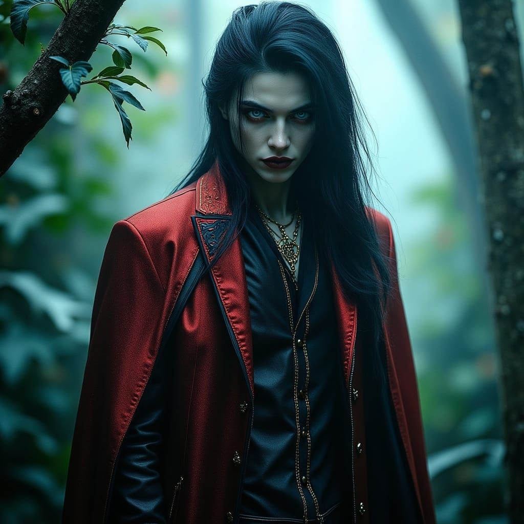 Mysterious Prince in Deep Red Attire, Amidst Enchanted Fores...