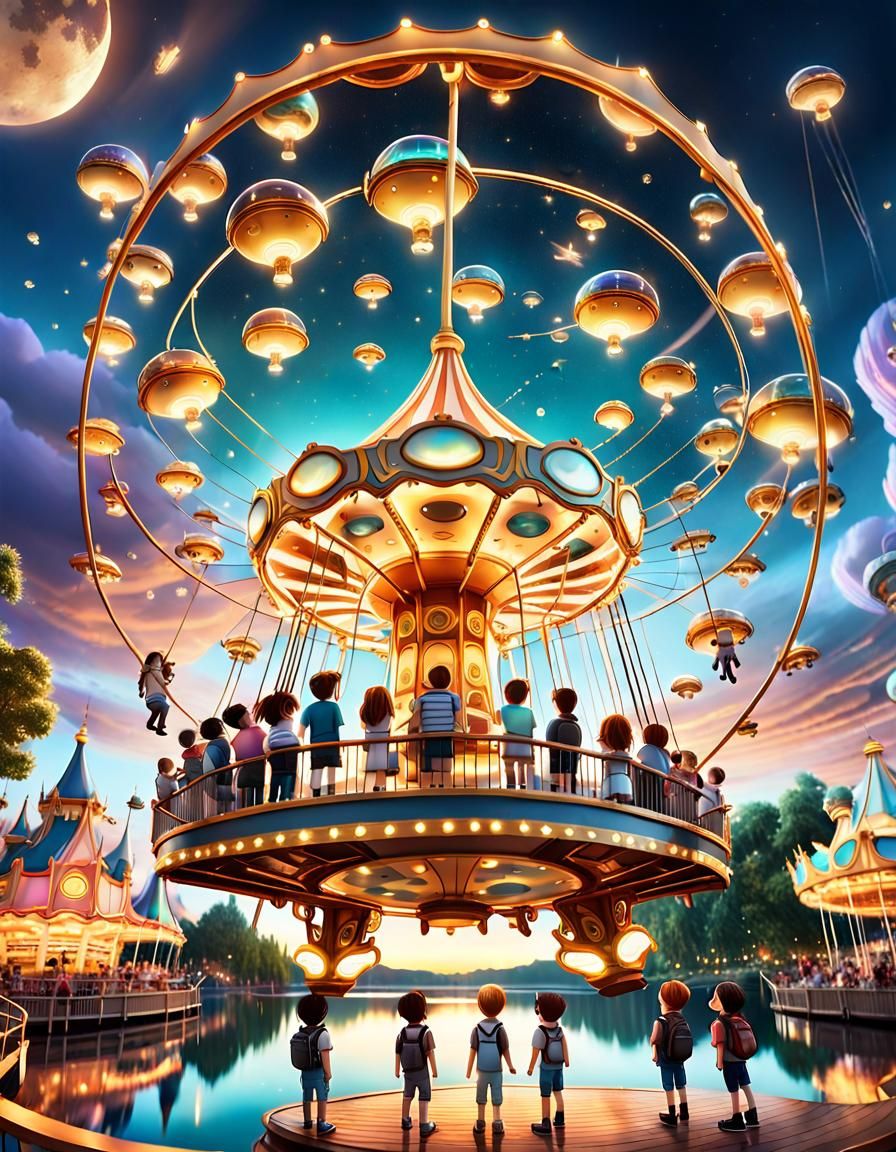 Chibi Kids Watch Antigravity Carousel at Sunset
