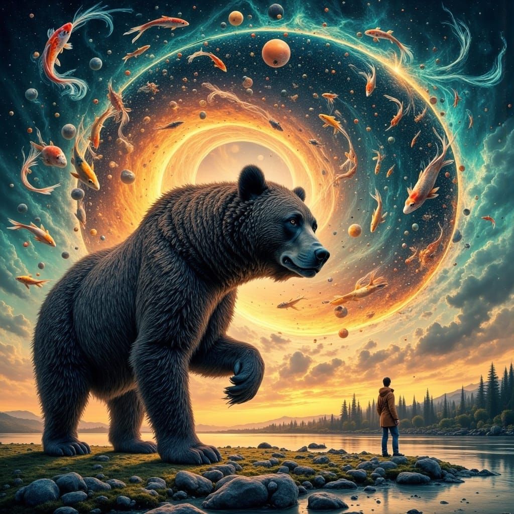 Surreal Bear Shatters Atom in Dreamlike Dawn