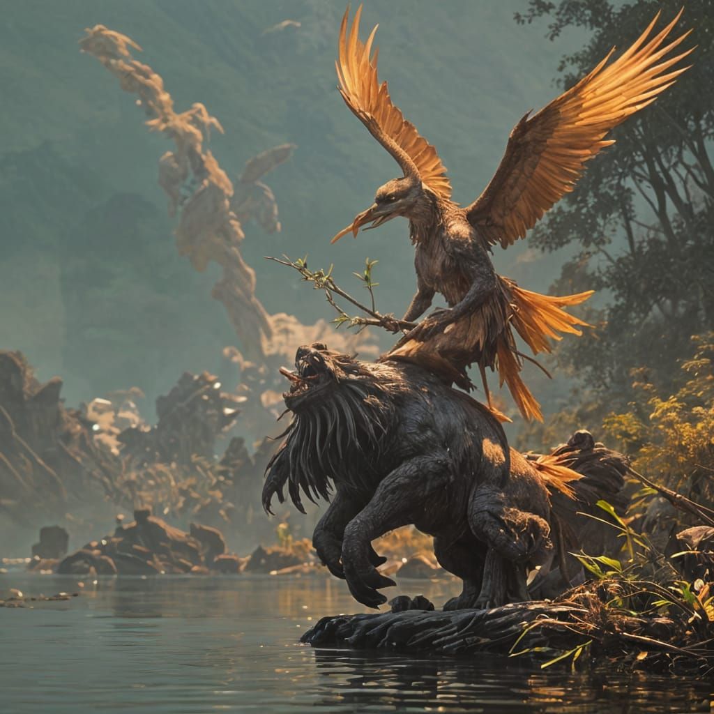 Giant Phoenix Flying Over a Lake